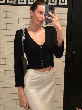 Reformation Black Ribbed V-Neck Button Crop Top